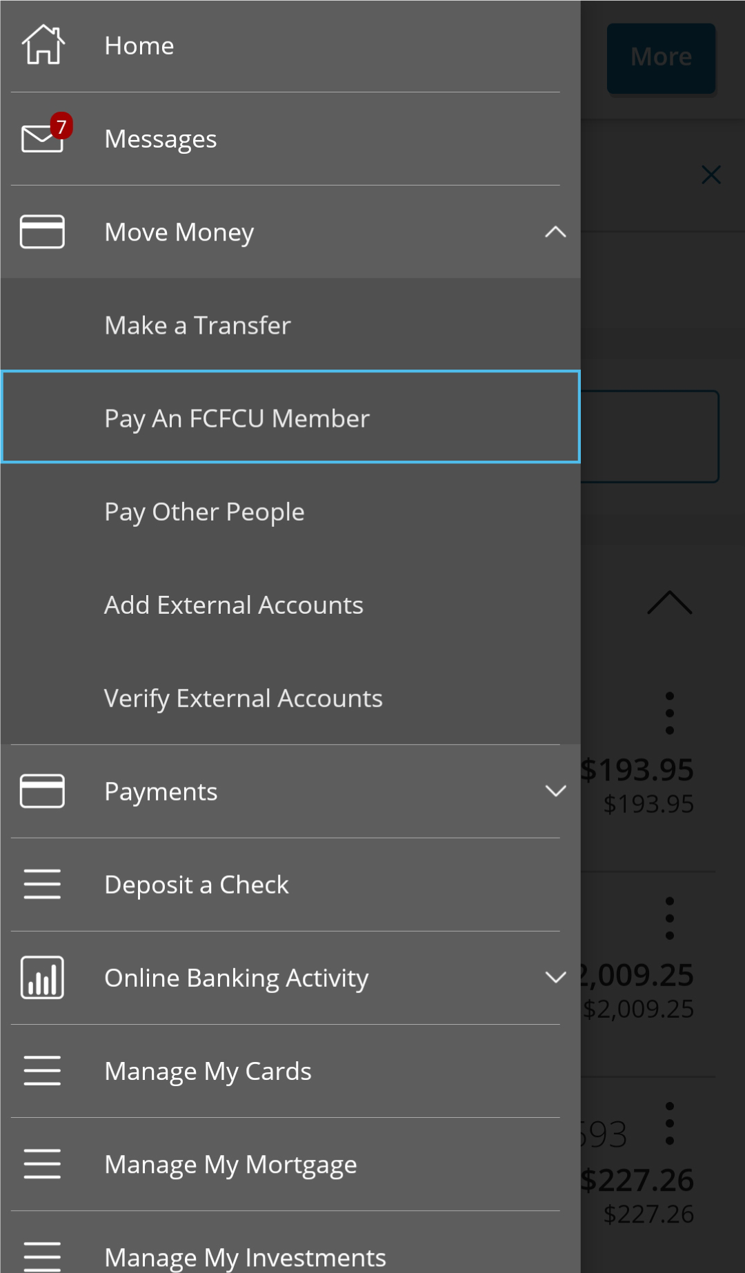 Digital Banking_Pay Another FCFCU Member_Step 1