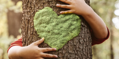 tree with moss in heart shape and being hugged